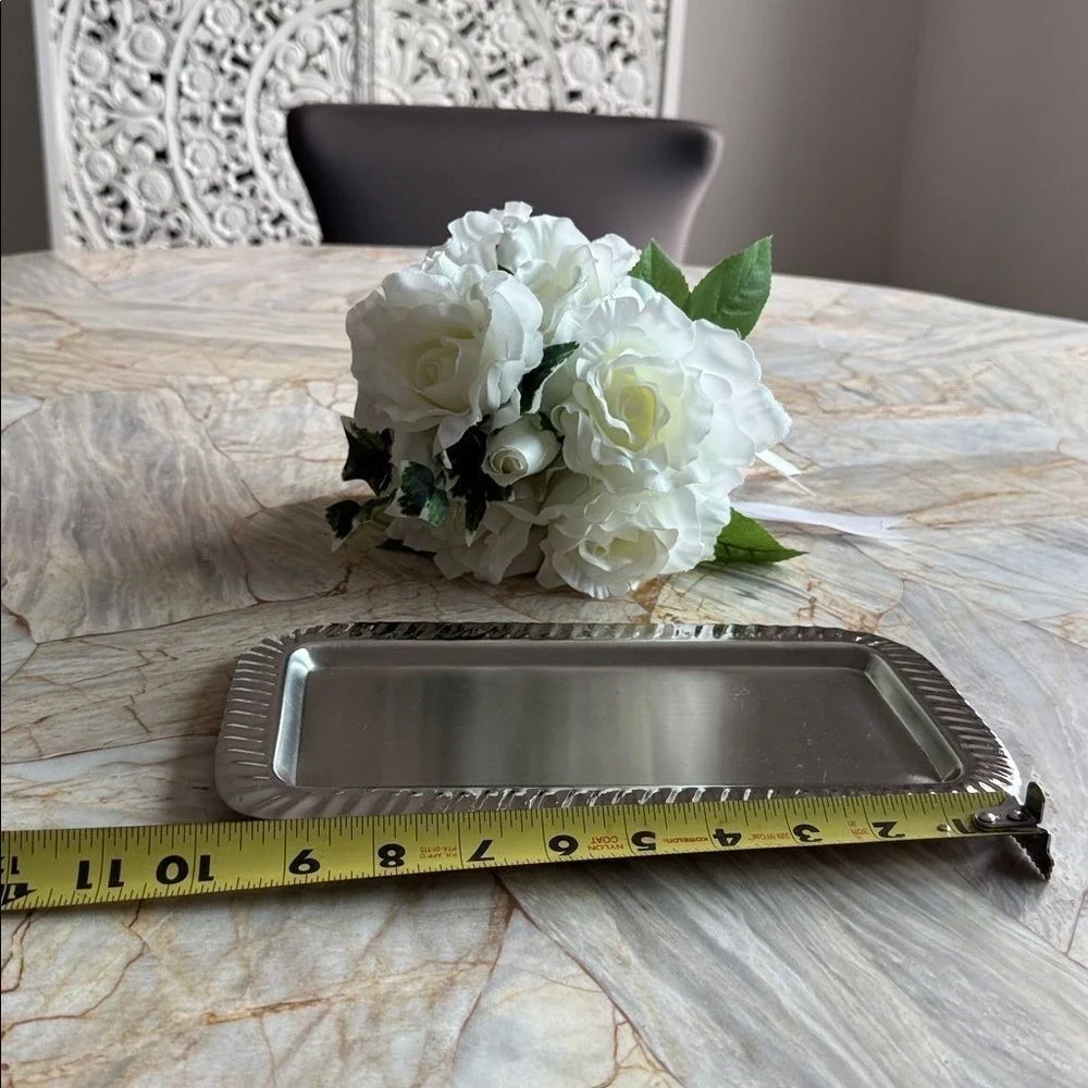 Ross Silver Rectangular Vanity Tray Fluted Border Metallic 9.5x4.5 Made in India